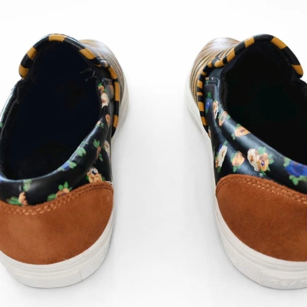 COACH Tiger Stripe Floral Slip-On Leather And Suede Sneakers.